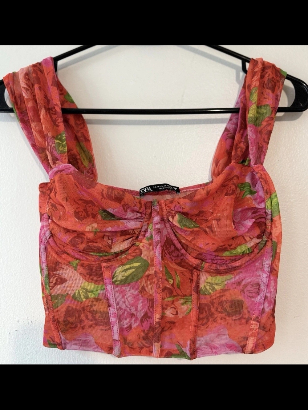 ZARA Coral & Pink Floral Corset-Style Crop Top